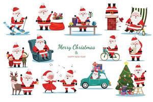 Santa Claus collection in flat cartoon style. Santa Claus in different situations and scenes vector