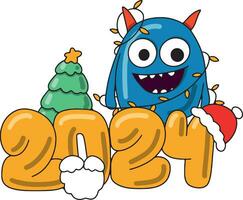 New Year's card in a cartoon style with cute monsters and a garland. Cute New Year 2024 card. Can be used for printing on T-shirts, stickers, greeting cards. Vector illustration