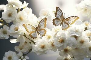 AI generated Goden butterflies with white flowers. photo