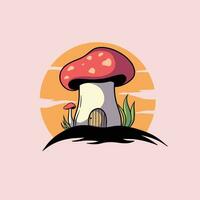 Fairy mushroom house isolated on background. Vector cartoon illustration of fantasy mushroom hut with wooden door.