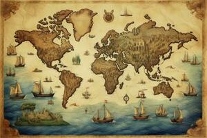 AI generated Great detailed illustration of the world map in vintage style. AI Generated photo