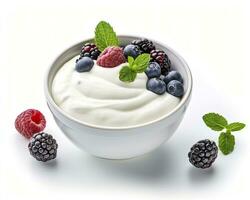 AI generated Green bowl of greek yogurt and fresh berries isolated on white background. AI Generated photo