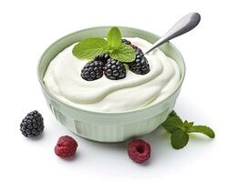 AI generated Green bowl of greek yogurt and fresh berries isolated on white background. AI Generated photo