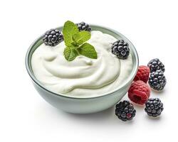 AI generated Green bowl of greek yogurt and fresh berries isolated on white background. AI Generated photo