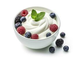 AI generated Green bowl of greek yogurt and fresh berries isolated on white background. AI Generated photo