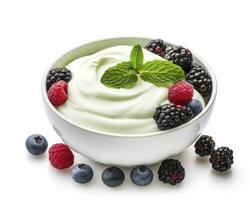 AI generated Green bowl of greek yogurt and fresh berries isolated on white background. AI Generated photo