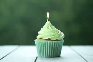 AI generated Happy Birthday Cupcake with Candle on a wooden table photo