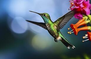 AI generated Hummingbird bird flying next to a beautiful red flower with rain. AI Generated photo