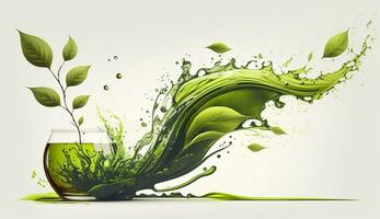 AI generated Green herbal tea wave splash with leaves flow. AI Generated photo