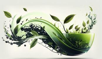 AI generated Green herbal tea wave splash with leaves flow. AI Generated photo