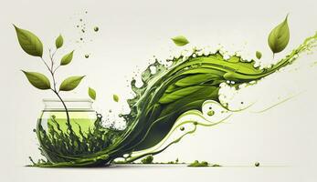 AI generated Green herbal tea wave splash with leaves flow. AI Generated photo