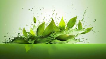 AI generated Green herbal tea wave splash with leaves flow. AI Generated photo