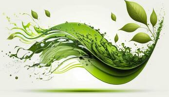 AI generated Green herbal tea wave splash with leaves flow. AI Generated photo