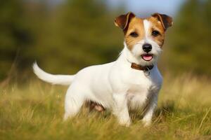 AI generated Happy jack russell terrier pet dog waiting, listening in the grass. AI Generated photo