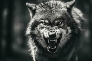 AI generated Greyscale closeup shot of an angry wolf with a blurred background. AI Generated photo