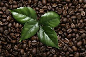 AI generated Green leaves with coffee beans as background. AI Generated photo