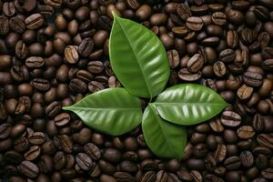 AI generated Green leaves with coffee beans as background. AI Generated photo