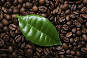 AI generated Green leaves with coffee beans as background. AI Generated photo