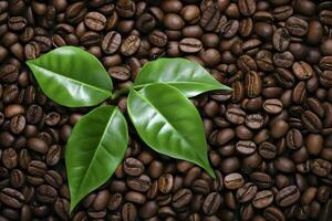 AI generated Green leaves with coffee beans as background. AI Generated photo