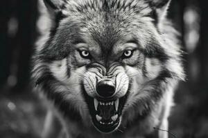 AI generated Greyscale closeup shot of an angry wolf with a blurred background. AI Generated photo