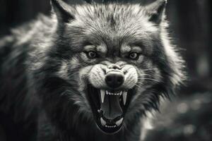 AI generated Greyscale closeup shot of an angry wolf with a blurred background. AI Generated photo