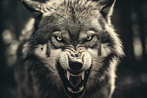 AI generated Greyscale closeup shot of an angry wolf with a blurred background. AI Generated photo