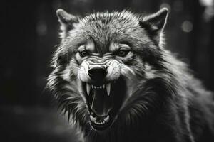 AI generated Greyscale closeup shot of an angry wolf with a blurred background. AI Generated photo