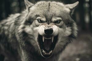 AI generated Greyscale closeup shot of an angry wolf with a blurred background. AI Generated photo