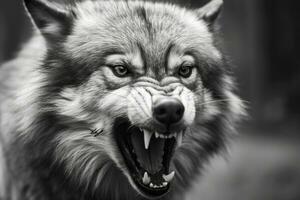 AI generated Greyscale closeup shot of an angry wolf with a blurred background. AI Generated photo