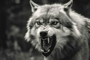 AI generated Greyscale closeup shot of an angry wolf with a blurred background. AI Generated photo