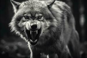 AI generated Greyscale closeup shot of an angry wolf with a blurred background. AI Generated photo