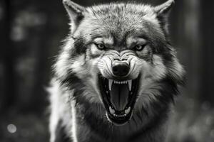 AI generated Greyscale closeup shot of an angry wolf with a blurred background. AI Generated photo