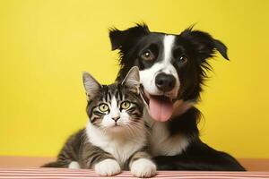 AI generated Cat and dog together with happy expressions. AI Generated photo