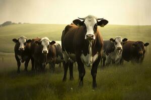 AI generated Group of cows standing in a grassy field. AI Generated photo