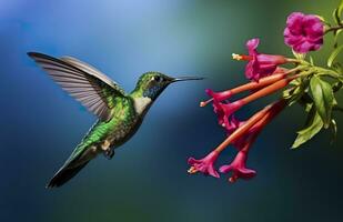 AI generated Hummingbird bird flying next to a beautiful red flower with rain. AI Generated photo