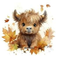 AI generated Happy cute baby highland cow in autumn leaves in the watercolor style. AI Generated photo