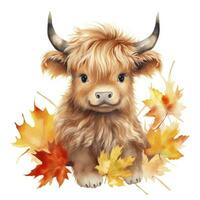 AI generated Happy cute baby highland cow in autumn leaves in the watercolor style. AI Generated photo