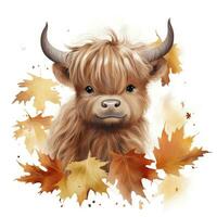 AI generated Happy cute baby highland cow in autumn leaves in the watercolor style. AI Generated photo