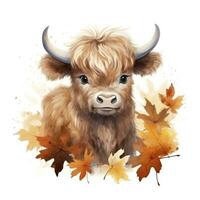 AI generated Happy cute baby highland cow in autumn leaves in the watercolor style. AI Generated photo