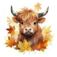 AI generated Happy cute baby highland cow in autumn leaves in the watercolor style. AI Generated photo