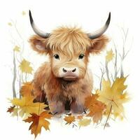 AI generated Happy cute baby highland cow in autumn leaves in the watercolor style. AI Generated photo