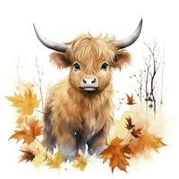 AI generated Happy cute baby highland cow in autumn leaves in the watercolor style. AI Generated photo