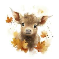 AI generated Happy cute baby highland cow in autumn leaves in the watercolor style. AI Generated photo