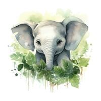 ai generado contento linda bebé elefante en verde hojas en el acuarela estilo. ai generado foto