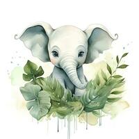 AI generated Happy cute baby elephant in green leaves in the watercolor style. AI Generated photo