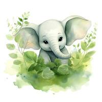 AI generated Happy cute baby elephant in green leaves in the watercolor style. AI Generated photo