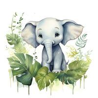 AI generated Happy cute baby elephant in green leaves in the watercolor style. AI Generated photo