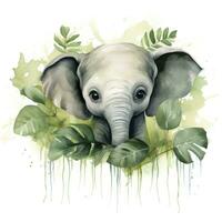 AI generated Happy cute baby elephant in green leaves in the watercolor style. AI Generated photo