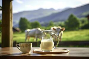 AI generated Glass pitcher with fresh milk on a wooden table. AI Generated photo