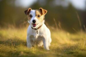 AI generated Happy jack russell terrier pet dog waiting, listening in the grass. AI Generated photo